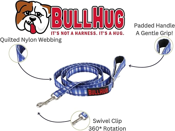 BULLHUG 6 FT Bulldog Leash with Padded Handle. Perfect for Bulldogs, French Bulldogs, Pugs & All Breeds. Leashes for Walking, Training Lead for Bulldogs (Blue Plaid)