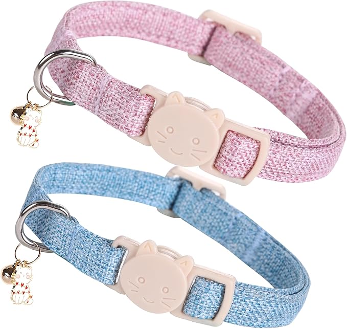 Elegant little tail 2 Pack Cat Collar- Pink&Blue Linnet Cat Collars Breakaway with Bell Pendant Wedding Kitten Boy Girl Safety Adjustable 7-12 Inch Collar for Small Cats Puppy