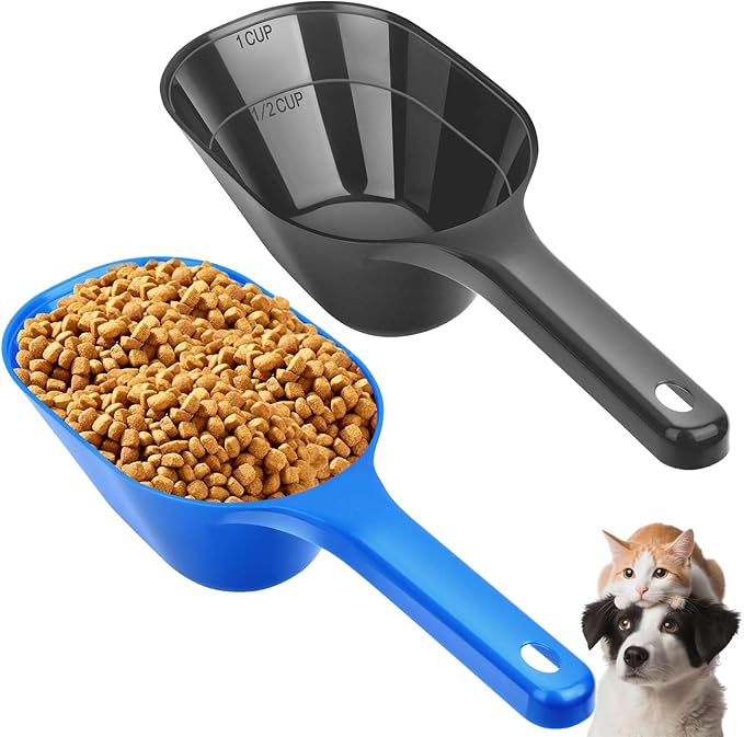 2 Pack Dog Food Scoop, 1 Cup Pet Food Scoop With Measuring Lines (Black and Blue)