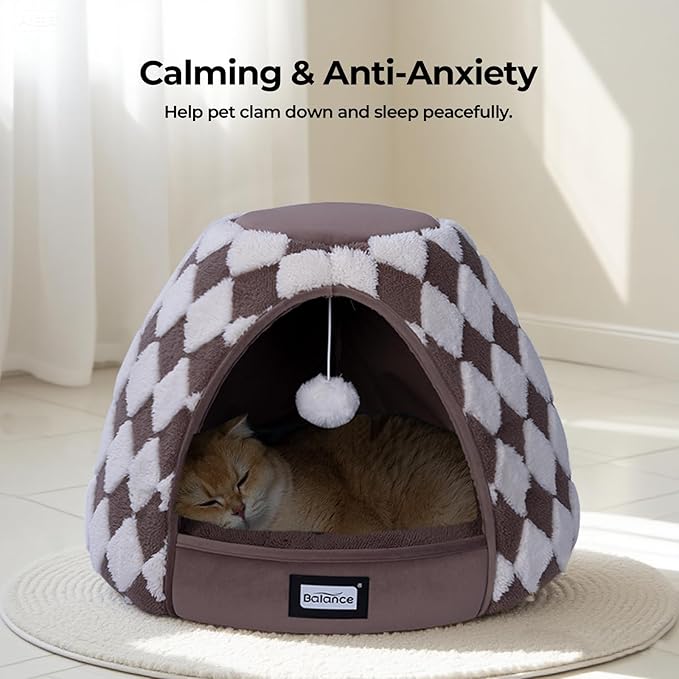 BALANCE Cat Beds for Indoor Cats, 2-in-1 Cat Bed Cave with Anti-Slip Bottom and Ultra-Soft Plush, Cozy Cats House Tent for Kittens and Small Dogs, 21 Inches, Dark Brown