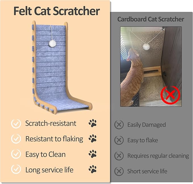 Felt Cat Scratcher for Indoor Cats, 26.8 Inches L Shape Scratching Board Vertical Cat Scratch Post with Fluffy Ball Hanging, Scratch Resistant Felt Cat Scratching Pad, Blue
