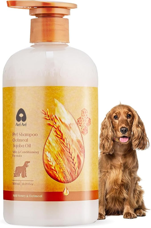 Arf Arf Silky Dog Shampoo for Dry, Itchy, Sensitive Skin - Soothing Oatmeal & Honey Formula for a Salon-Quality Smooth Coat - Gentle Puppy & Dog Wash for All Breeds - Fresh Scent, 16oz