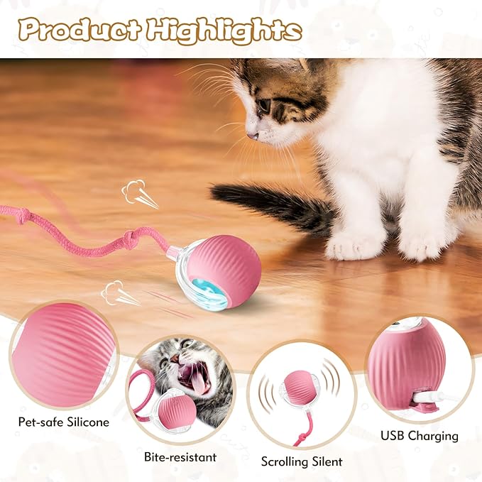 luseyfj Interactive Cat Ball Toys for Indoor Cats, Peppy Pet Ball, 2025 Upgraded Automatic Kitten Toy for Bored Indoor Adult Cat, 360°Smart Rolling Toy (Pink)