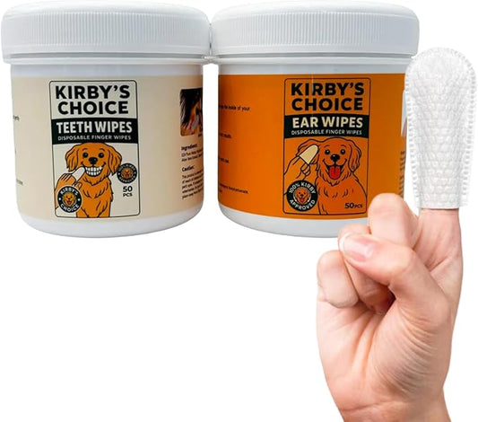 Kirby's Choice Dog Ear & Teeth Cleaning Wipes Bundle – 100 Total Finger Wipes (2 Canisters) – Gentle Pet Oral Care & Ear Cleaner – Safe, Durable & Easy to Use for Dogs & Cats – 100% Kirby Approved