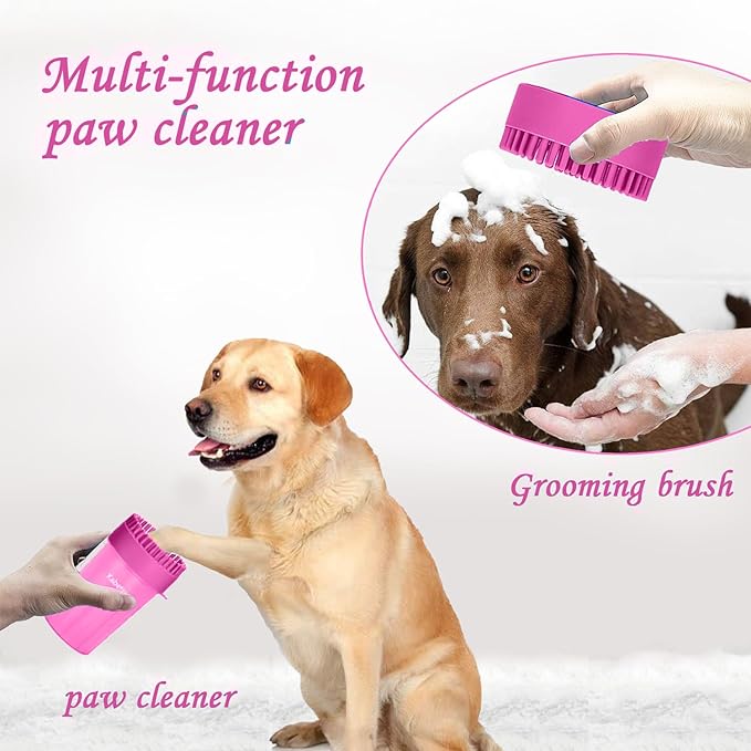 Dog Paw Cleaner for Meduim/Small Breed Dogs with 3Pcs Absorbent Towels & Graspable Dog Bath Brush (Pink, Medium)
