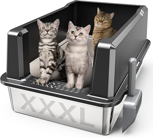 XXL Stainless Steel Cat Litter Box with High Sided, 27.6" L x 20" W x 14" H Extra Large Litter Box for Big Cats and Multiple Cats, Enclosure Cat Litter Pan with Anti-Urine Leakage, Easy Clean
