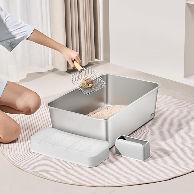 VEVOR 8'' Deep Stainless Steel Cat Litter Box,3 Pack XL Extra Large Metal Cat Litter Box for Big Cats,Non Sticky,Odor-Free &Easy-to-Clean,Include Filtering Foot Board & Scoop