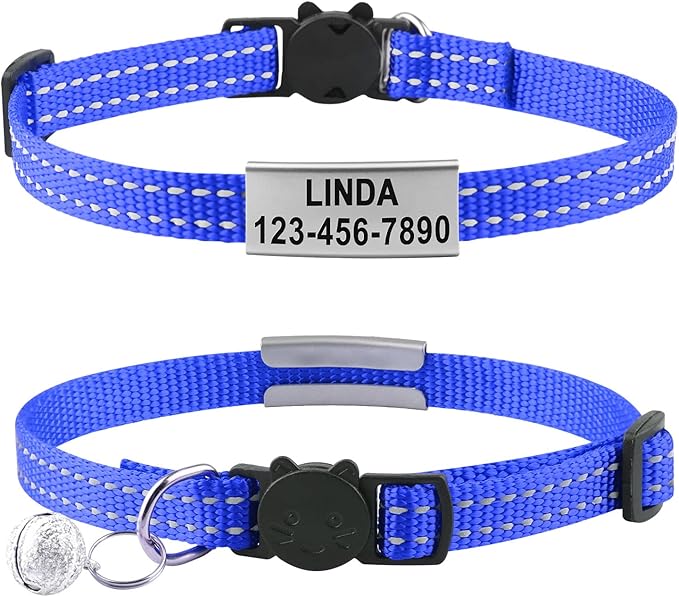 Cat Collar Personalized - Breakaway Reflective Cat Collar with Bell-Custom Cat Collars Engraved with Name and Phone, Adjustable for Cats and Kitten