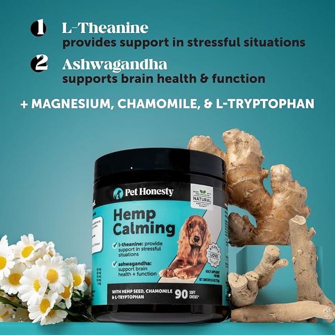 Natural Hemp Calming Chews for Dogs - Calming Aid Supplement for Occasional Anxiousness with Valerian Root, Chamomile, + Magnesium - Stress, Separation & Thunder Support - (Chicken, 90 Count)