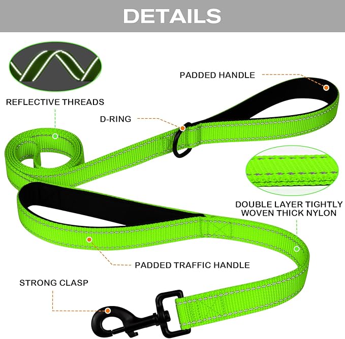 Joytale Dog Leash Heavy Duty for Large Dogs That Pull, Double Handle for Traffic Control, Double-Sided Reflective Leashes for Large Medium Dogs Night Safety, 6FT, Green