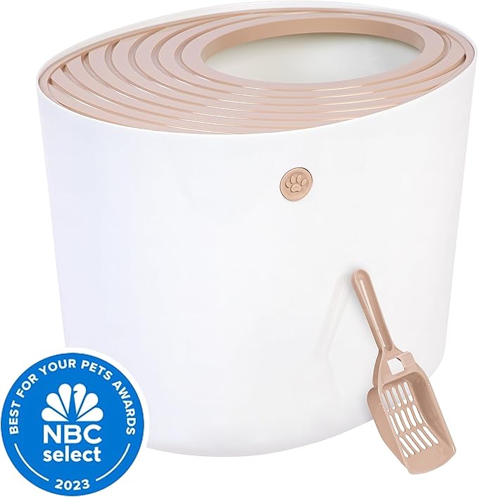 IRIS USA Cat Litter Box, Large Top Entry with Litter Catching Lid and Scoop, Dog Proof, Cat Box Enclosure, Beige/White