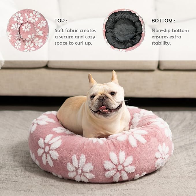 Donut Dog Beds for Small Dogs, Calming Round Cat Beds for Indoor Cats, Cute 3D Textured Flower Pet Bed with Removable Washable Cover and Anti-Slip Bottom（Pink，23"）
