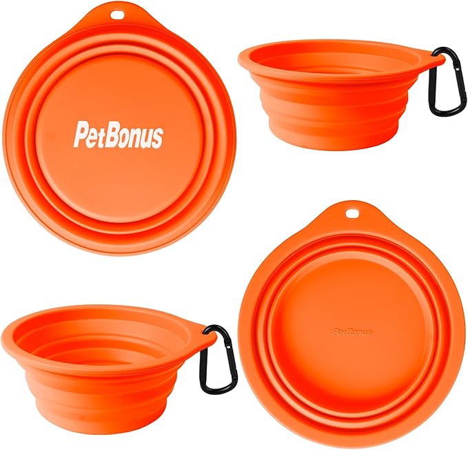 PetBonus 2-Pack Large Silicone Collapsible Dog Bowls, 34oz/1000ml BPA Free Portable Foldable Travel Bowl for Pet Cat, Food Water Feeding Dish for Camping with 2 Carabiners (Orange, Yellow)