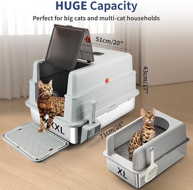 Extra Large Stainless Steel Litter Box with Lid, 28"L x 20"W x 17"H XXXL Enclosed Metal Cat Litter Box with Litter Scoop & Foot Pedal, Odor Control,Easy Cleaning for Big Cats, Multiple Cats