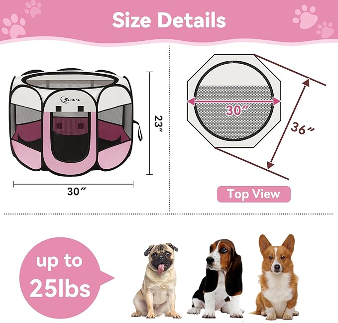 Pink Puppy Playpen for Middle Dog Cat, Dog Tent Crates Cage Indoor/Outdoor, Portable Pop Up Dog Kennel with Carrying Bag for Rabbits, (Pink, Medium)