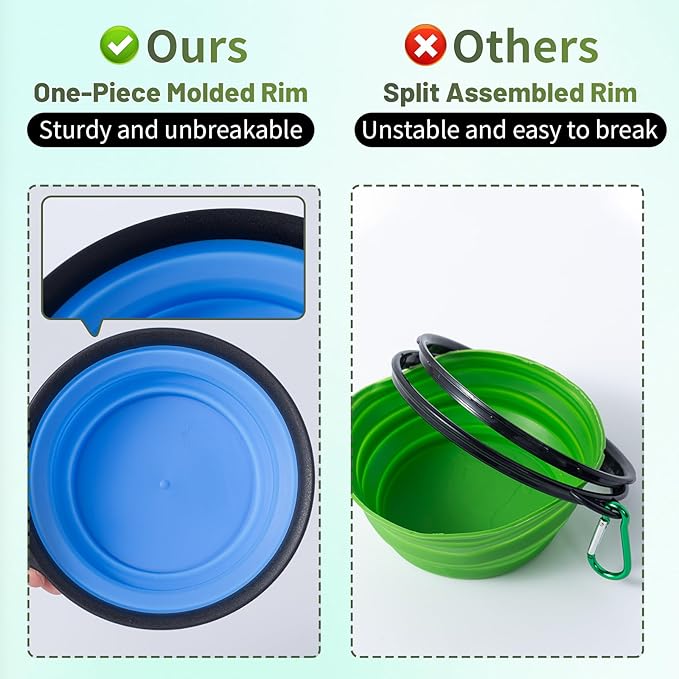 SLSON Dog Bowls Collapsible Pet Travel Feeder, 2Pack Integrated Molded Reinforced Rim Cat Water Dish Lightweight Foldable Food Dispenser for Pets Walking Parking Camping,Green and Blue,Small