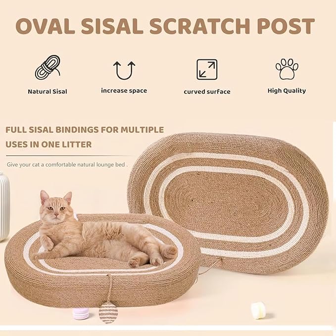 Cat Scratching Post and Cat Mat - 24 Inch Durable Sisal Rope with Interactive Ball, 3-in-1 Cat Scratcher Cardboard Bed for Indoor Cats to Play, Round-Oval Rest and Scratch (Medium Large Size, Oval)
