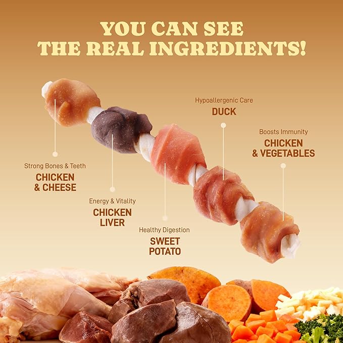 Dog Kabobs Rawhide Treats,5-Flavor Long-Lasting Chews Training Snacks,Healthy Dog Treats for Puppies,Small,Medium&Large Dogs with Chicken,Sweet Potato,Duck,Cheese&Hide Sticks 14oz,18 Count