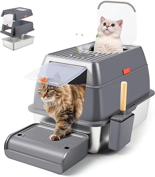 Stainless Steel Litter Box with Lid, XXL 23.6"L x 15.7"W x 15.7"H Large Metal Cat Litter Box Enclosed High Sided Removable Litter Tray with Top Entry, Scoop, Step, Easy Cleaning (Dark Grey)