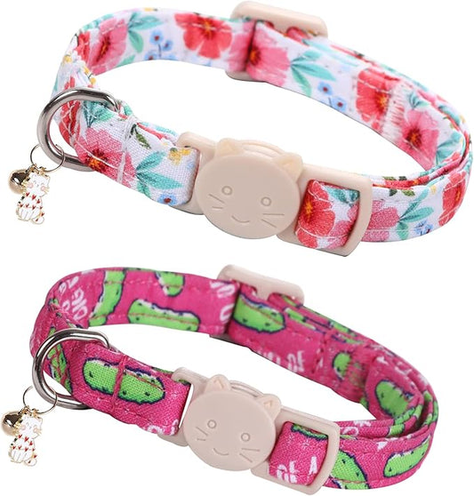 Elegant little tail 2 Pack Cat Collar-Spring Print Cotton Breakaway Cat Collars with Bell Pendant Kitten Boy Girl Safety Adjustable Collar for Small Cats Puppy