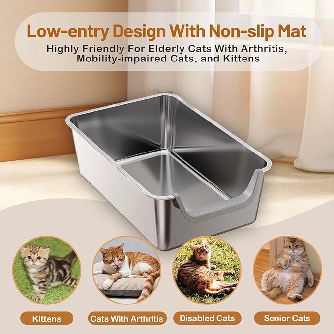 XL Stainless Steel Cat Litter Box, Leak Proof 7.9 Inch High Sides Metal Litter Pan Tray, No Stick No Slip Easy Clean Low Entry Litter Boxes for Older Senior Big Cats, Kittens, 23.6"×15.7", Silver