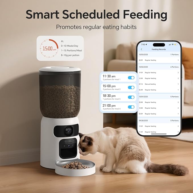 Automatic Cat Feeder with Dual 2K HD Camera, Smart Pet Food Dispenser for Timed Meals, APP Control Laser Interactive Toy Treat Feeders with 2.4G / 5G WiFi, White