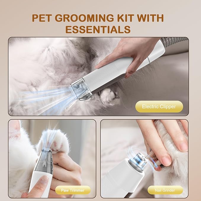 Dog Grooming Vacuum, Dog Grooming Kit with Pet Clipper Nail Grinder, 3 Suction Modes Dog Brush Vacuum with 6 Pet Grooming Tools (Coffee)