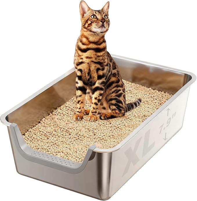 XL Stainless Steel Cat Litter Box, Leak Proof 7.9 Inch High Sides Metal Litter Pan Tray, No Stick No Slip Easy Clean Low Entry Litter Boxes for Older Senior Big Cats, Kittens, 23.6"×15.7", Silver