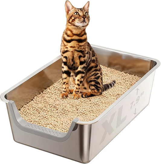 XL Stainless Steel Cat Litter Box, Leak Proof 7.9 Inch High Sides Metal Litter Pan Tray, No Stick No Slip Easy Clean Low Entry Litter Boxes for Older Senior Big Cats, Kittens, 23.6"×15.7", Silver