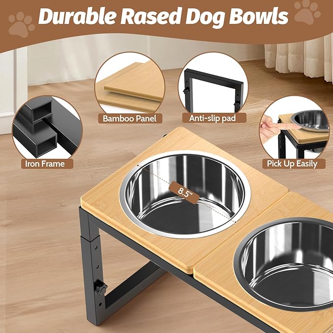 Dog Bowls Elevated, 4 Height (9.6" to15) & Angle (0-20°) Adjustable Raised Dog Bowl Stand, Elevated Dogs Bowl for Medium to Large Sized, Bamboo Feeding Station with 2X 10cups Stainless Steel Dishes