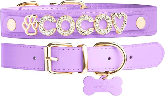 Paws Paws Miami Custom Dog Collar for Extra Small Dogs, Personalized with Name in Gold-Plated Cubic Zirconia Initials and Charm Jewels Leather Collars, Purple