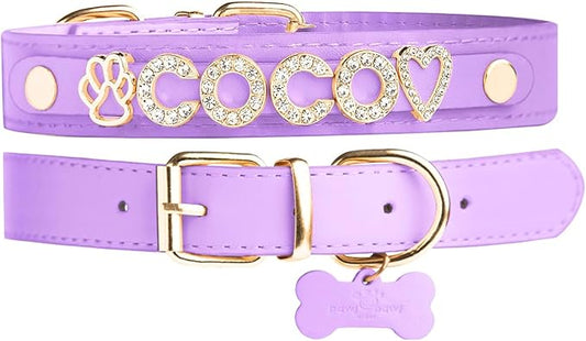 Paws Paws Miami Custom Dog Collar for Extra Small Dogs, Personalized with Name in Gold-Plated Cubic Zirconia Initials and Charm Jewels Leather Collars, Purple