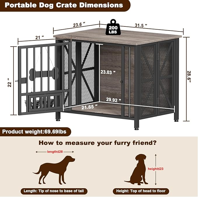 EasyCom Foldable Dog Crate Furniture, 31.5" Dog Crates for Small/Medium Dogs, Wooden Dog Kennel Indoor with Tag & Adjustable Dog Bowls, Dog Cage Use as End Table/TV Stand, Oak Grey