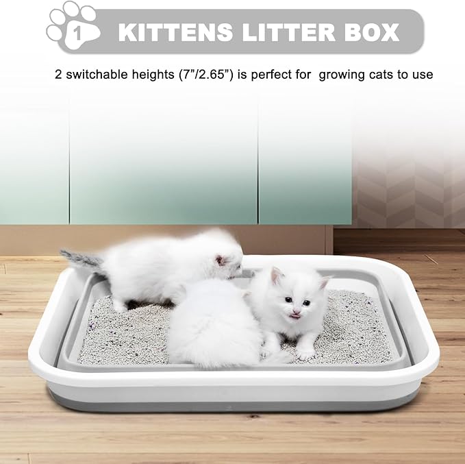 Large Cat Litter Box for Kittens to Senior Cat, Elderly and Fat Cat,Elderly cat Mobility Issues,Foldable Travel Litter Box with Scoop (Grey)