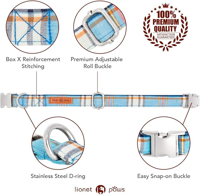 Lionet Paws Boy Dog Collar with Bowtie, Comfortable Adjustable Cute Blue Plaid Bow Tie Collar for Male Puppies and Cats Gift, XXS, Neck 7-11 inches