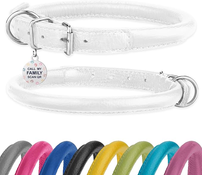 Rolled Leather Dog Collar Soft Round Collars, ID Tag for Small Medium Large Dogs (7-10 inch, White & Silver Buckle)