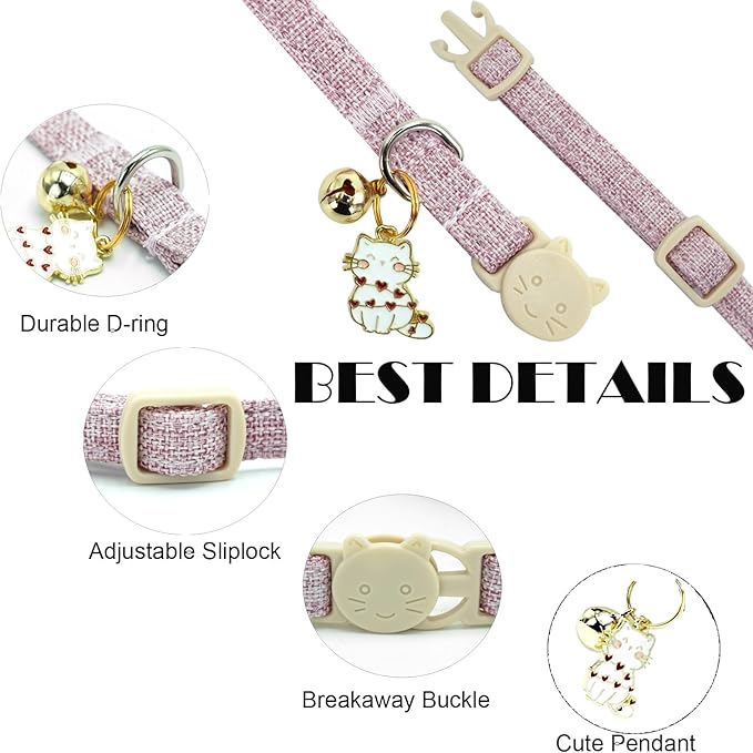 Elegant little tail 2 Pack Cat Collar- Pink&Blue Linnet Cat Collars Breakaway with Bell Pendant Wedding Kitten Boy Girl Safety Adjustable 7-12 Inch Collar for Small Cats Puppy