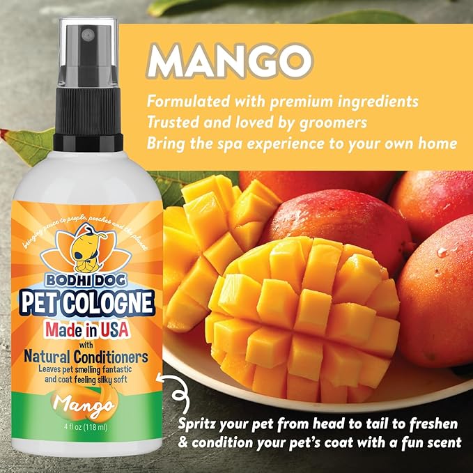 Bodhi Dog Premium Dog Cologne - Deodorizing Dog Perfume & Conditioner for Dogs & Cats - Natural Long Lasting Spray - Keeps Pets Fresh All Day - Gentle & Safe Formula, Made in USA (Mango 4 Fl Oz)
