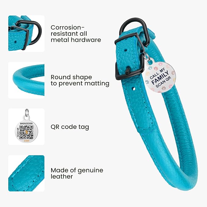 Rolled Leather Dog Collar Soft Round Collars, ID Tag for Small Medium Large Dogs (19-22 inch, Aqua Blue)