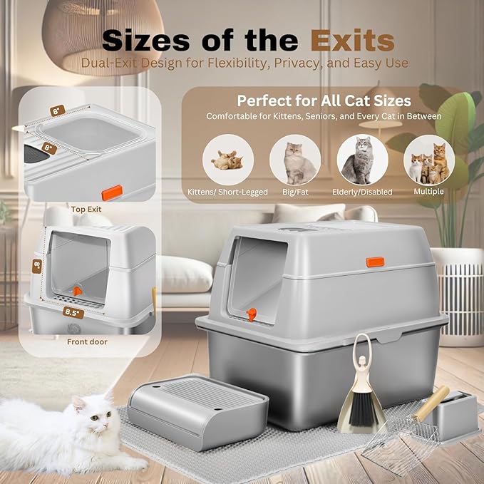 XXL Stainless Steel Sifting Litter Box with Lid, Fully Enclosed 8" Deep Metal Cat Litter Box, Leak-Proof, for Pine Pellets or Non-clumping Litter, for Large & Multi-Cats, with Litter Mat & Scooper