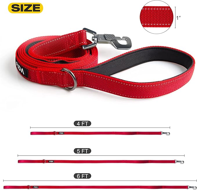 Fida 4 FT Heavy Duty Dog Leash with 2 Comfortable Padded Handles, Traffic Handle & Advanced Easy Snap Hook, Reflective Walking Lead for Large, Medium & Small Breed Dogs, Red