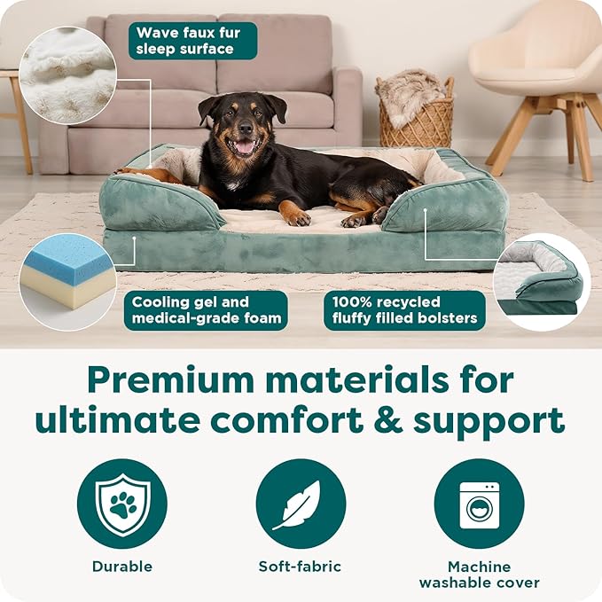 FurHaven Cooling Gel Dog Bed for Large Dogs, Comfort Sofa Bed with Cool Gel-Top Foam and a Solid Orthopedic Foam Base for Joint Support, Washable Cover, Jumbo XL, Plush & Velvet, Celadon Green