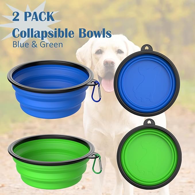 Takfox Collapsible Dog Bowls [2 Pack] 34 oz, Travel Dog Bowls, Pet Bowl Portable Foldable Water Food Feeding Dishes with Carabiner Clip for Traveling Hiking Walking-Green & Blue