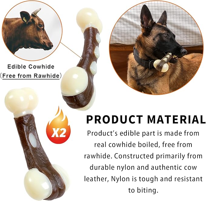Nylon Dog Bones, Pack Tough Chew Toys for Large/Medium/Small Dogs, Beef Flavor, Teeth Cleaning, Training (2 Pcs, Fat Bones)