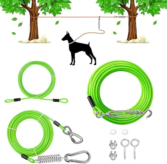 Heavy-Duty Dog Tie-Out Cable Runner System for Yard & Camping, 50/100/120ft with 10/15ft Pulley Line, Supports Dogs Up to 250lbs (Green, 100FT)