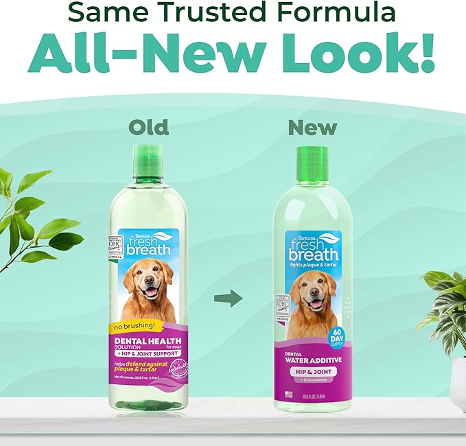TropiClean Fresh Breath Water Additive for Dogs with Glucosamine, Hip and Joint Support for Dogs, Breath Freshener & Teeth Cleaning Solution, 33.8oz.