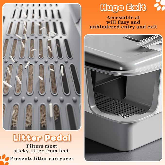 XXXL Litter Box with Lid, Extra Large 25.98" L*18.5" W*15.35" H Cat Litter Boxs, Jumbo Enclosed Removable Litter Box High Sides for Big Cats,with Cat Litter Scoop, Leak-Proof, Easy to Clean（Gray）