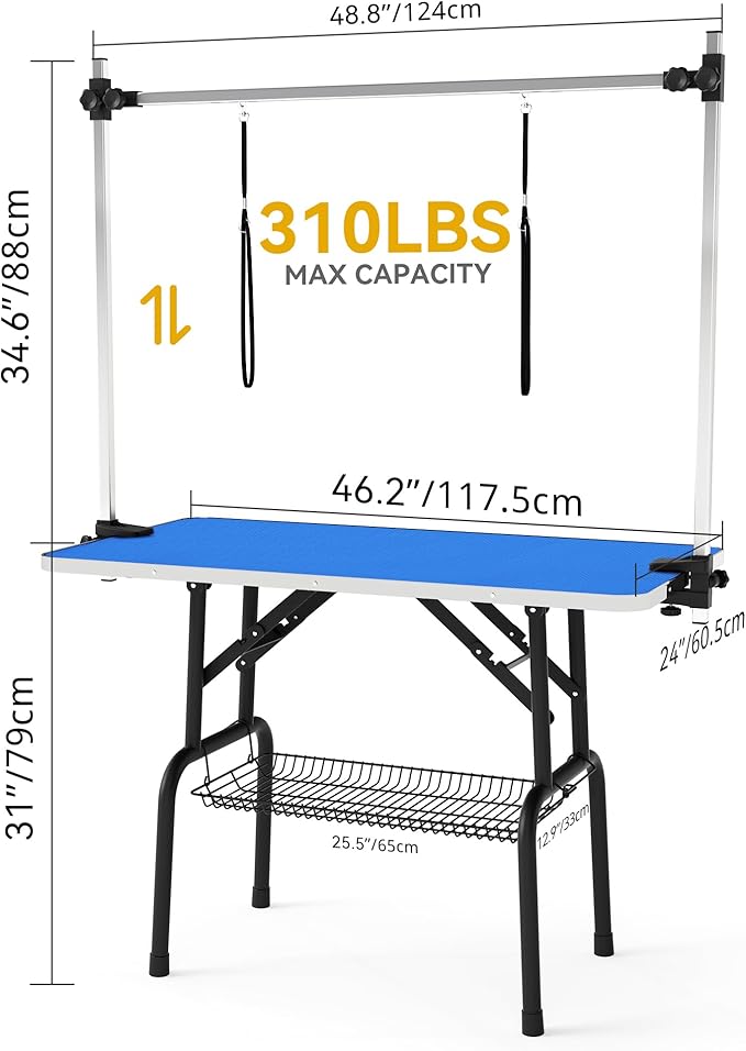 DWVO 46'' Dog Grooming Table, Foldable Pet Grooming Table with Adjustable Arm, Loop, and Mesh Tray, Non-Slip Portable Dog Bathing Station, Blue