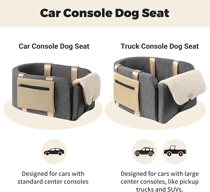 Console Dog Car Seat Cat Carrier - Pet Car Booster Seat on Cars' Armrest Travel Bags for Cats Dogs with Easy Carrying Strap Dog Travel Carrier with Safety Tethers