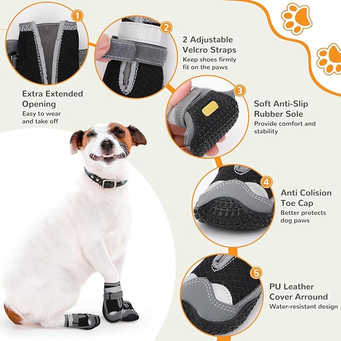 Dog Shoes for Hot Pavement,Dog Boots & Paw Protectors for Large Medium Size Dogs to Prevent Licking,Dog Booties with Reflective for Outdoor,Hiking,Hardwood Floors,Winter Snow(Black Grey,Size2)